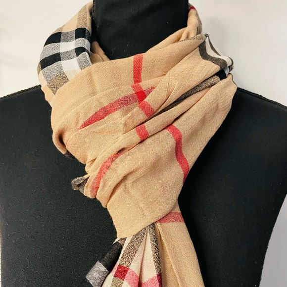 Unisex Plaid Tan and Red Large Check Scarf 100% Viscose Nwt - Picture 2 of 6